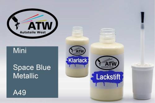 Mini, Space Blue Metallic, A49: 20ml Lackstift + 20ml Klarlack - Set, von ATW Autoteile West.